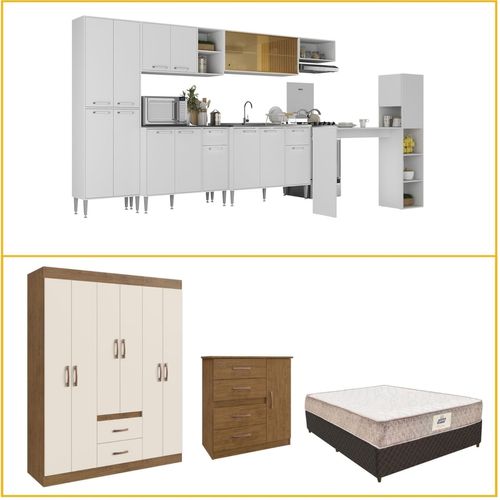 Casa Completa Armário Cozinha/Guarda-Roupas/Cômoda/Cama Box/Colchão Multimóveis CR60011 Bc/Nog/Off