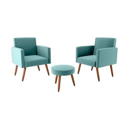 Kit com 2 Poltronas Decorativas 64cm e Puff Retrô Tecido Veludo Multimóveis CR45270 Verde Menta