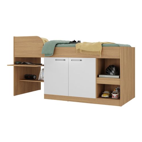 Cama Solteiro Multifuncional para Colchão 188 x 78cm com 2 Portas e Escrivaninha Multimóveis MP4234 Rustic/Branco